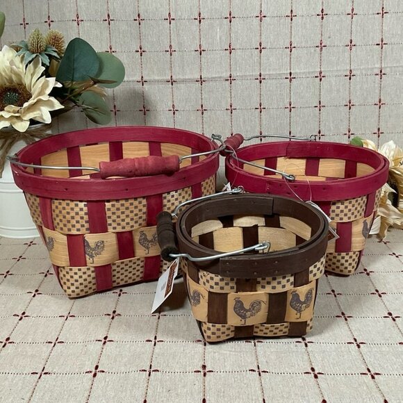Celebrate it Weaved Wooden Basket Set Rooster & Checked Design with Handles - Picture 1 of 4